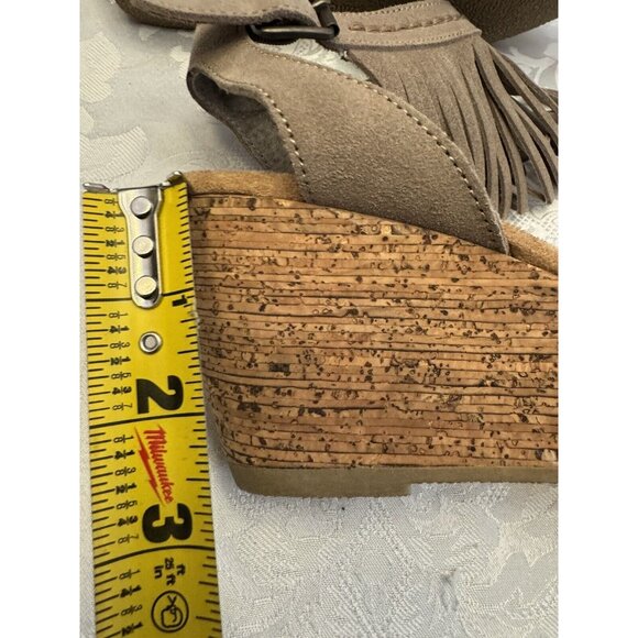 Minnetonka Poppy Size 9 Tan Aqua Blue Wedge Sandal Fringe Comfort 71327 - Picture 8 of 12